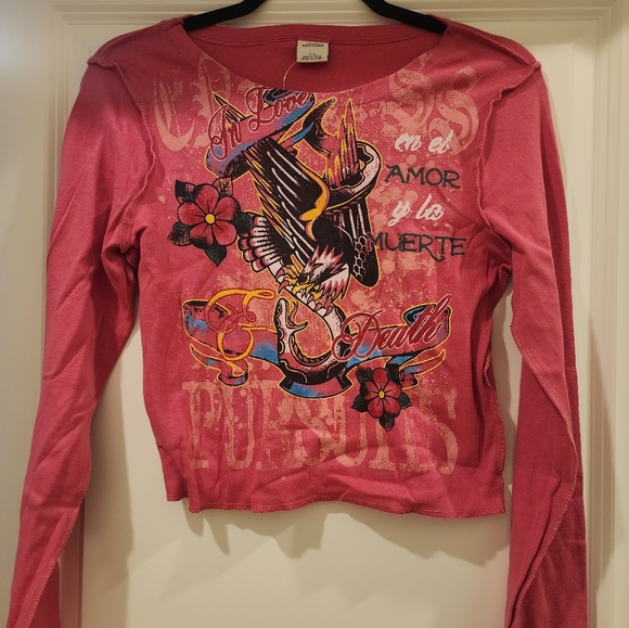 NWT Urban Oufitters Edhardy Inspired Long Sleeve Tee Pink lg - Picture 1 of 4